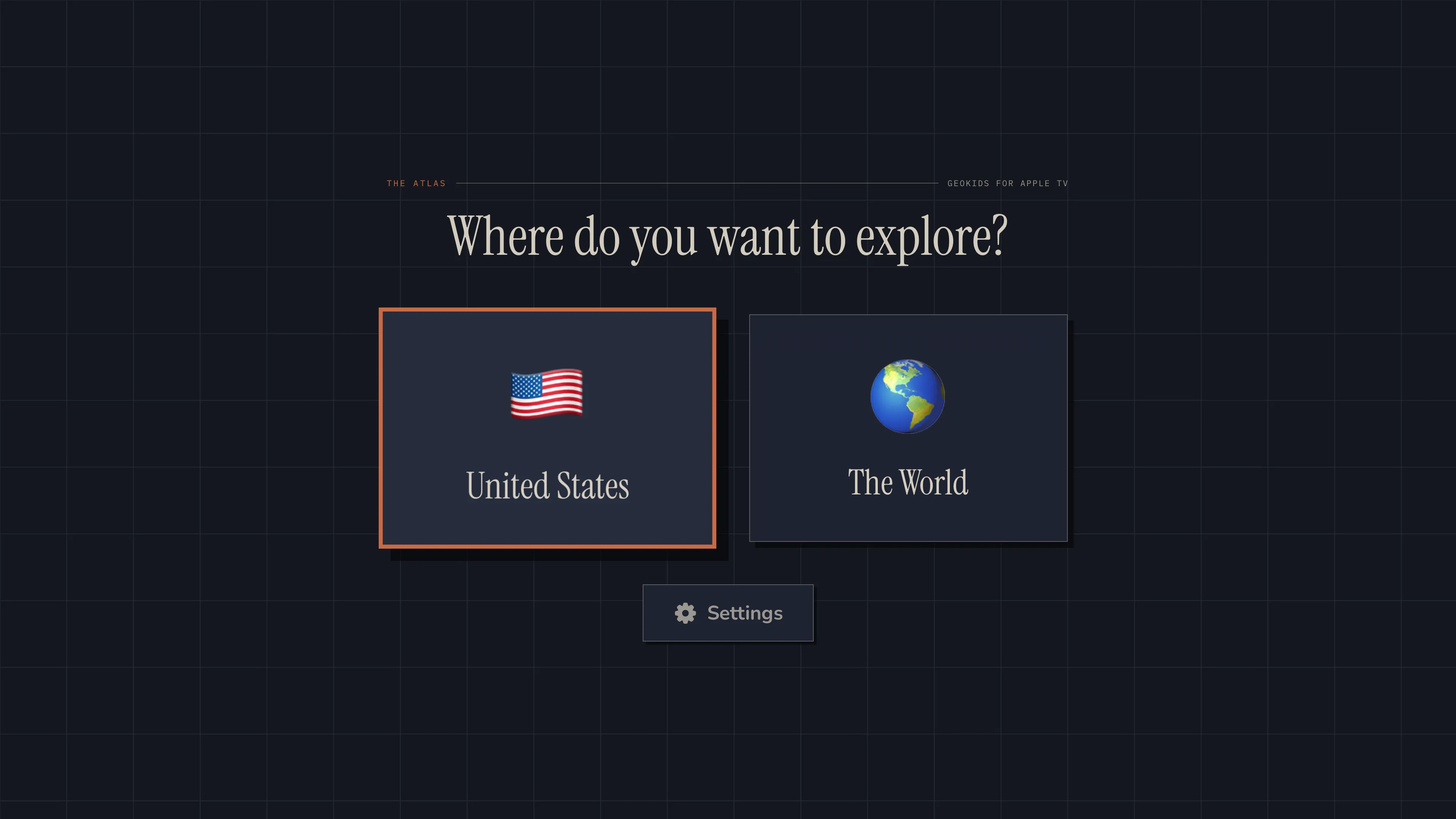 GeoKids on Apple TV: choose United States or The World