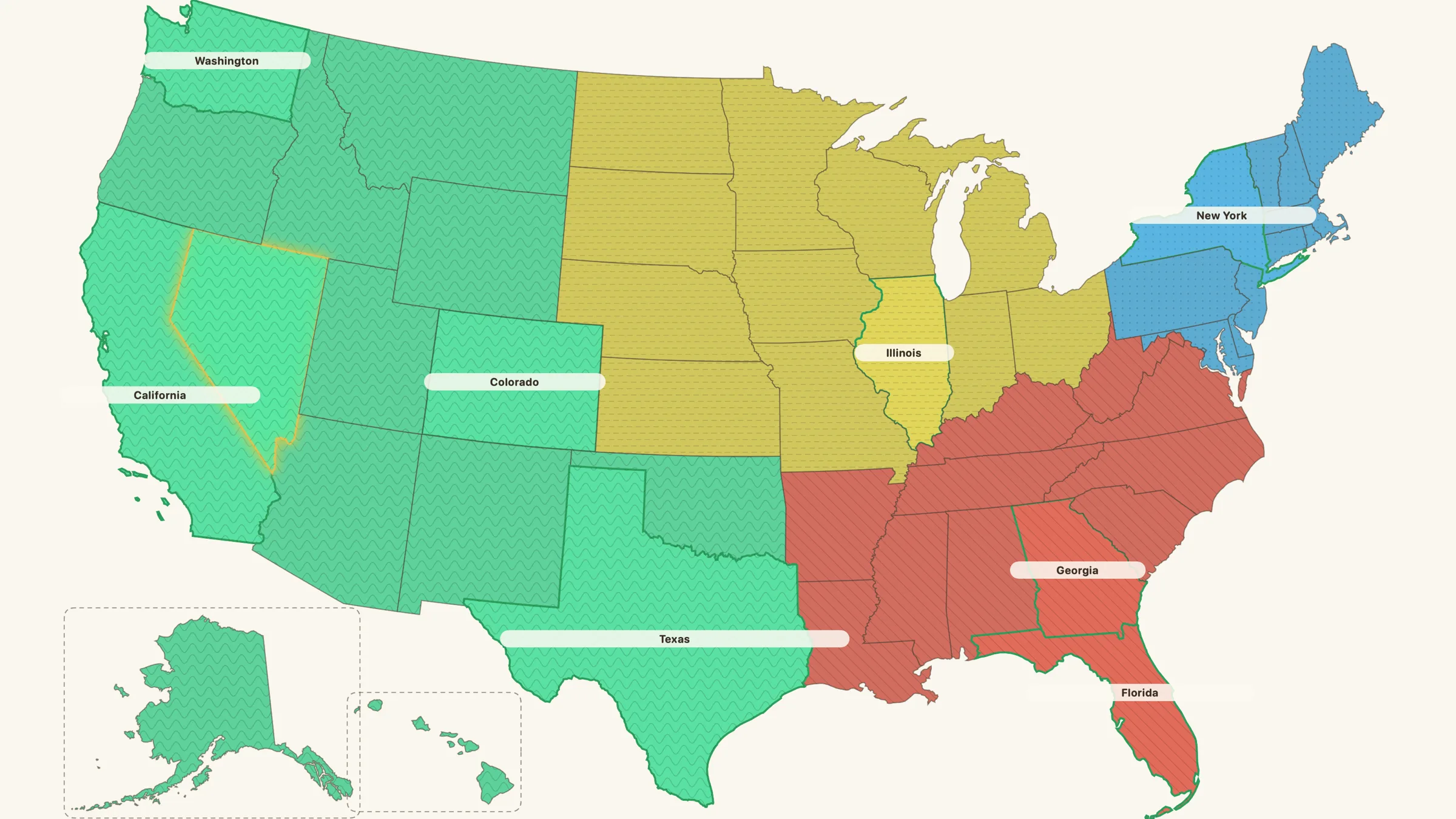 GeoKids Find the State on Mac: a United States map with several states solved and Nevada glowing as the target.